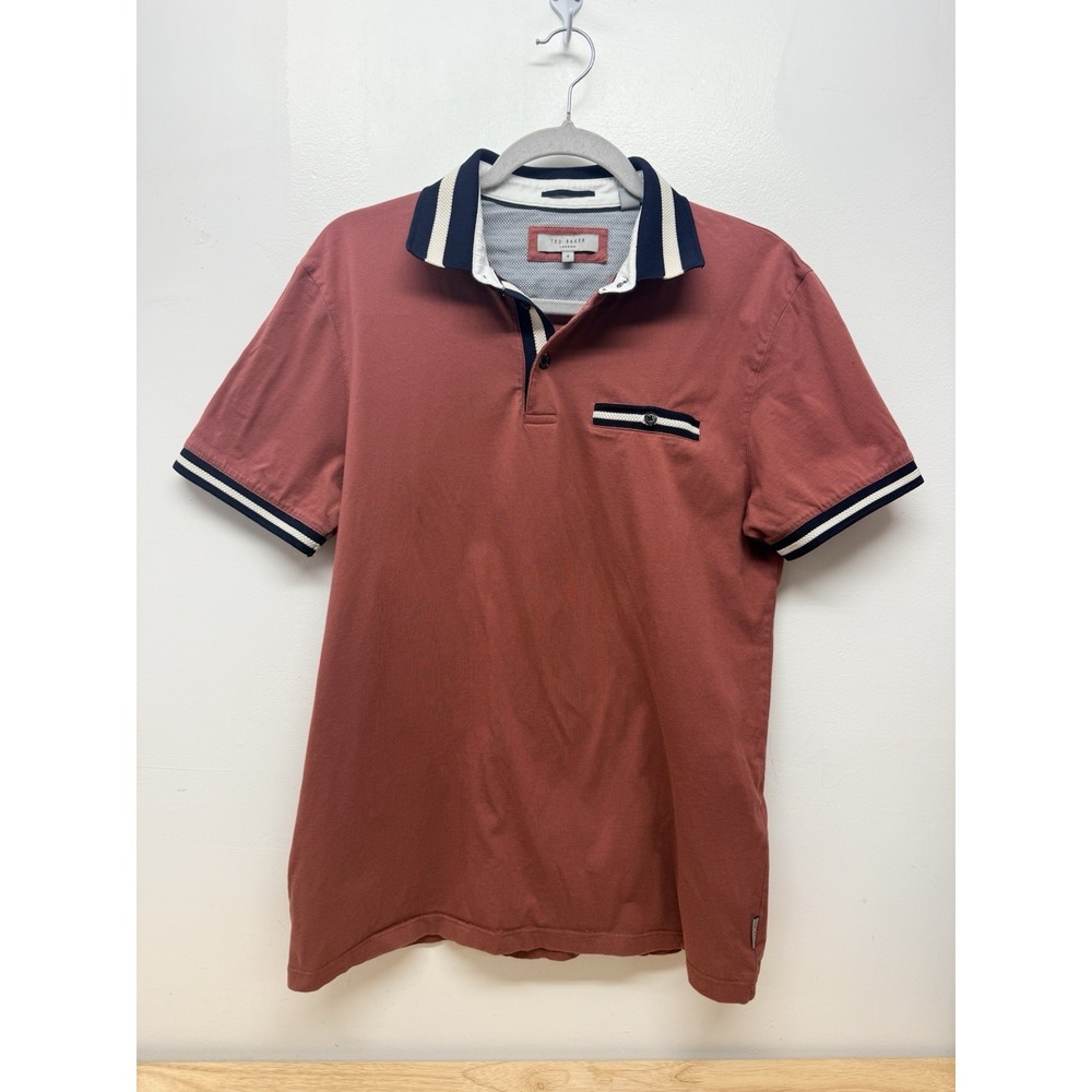 Ted Baker London Men's Polo Shirt Size 4 L Short Sleeve Coral Striped Pocket #13